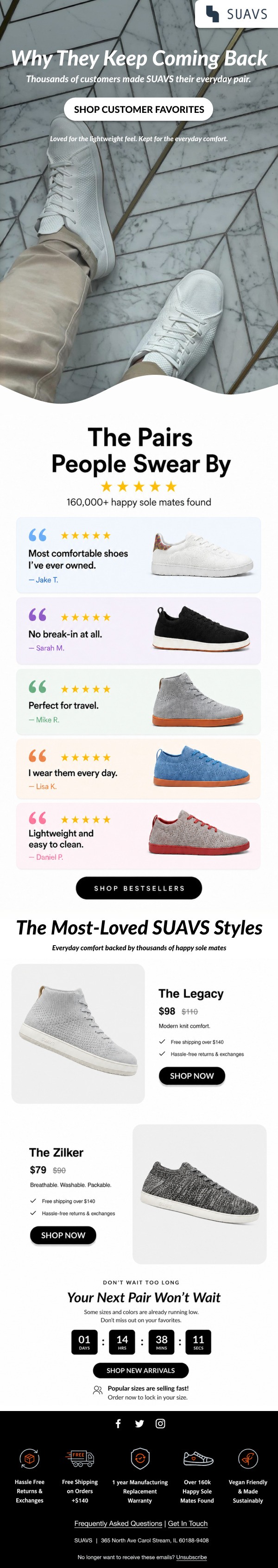 Customer reviews email design for a footwear brand — CopySharks